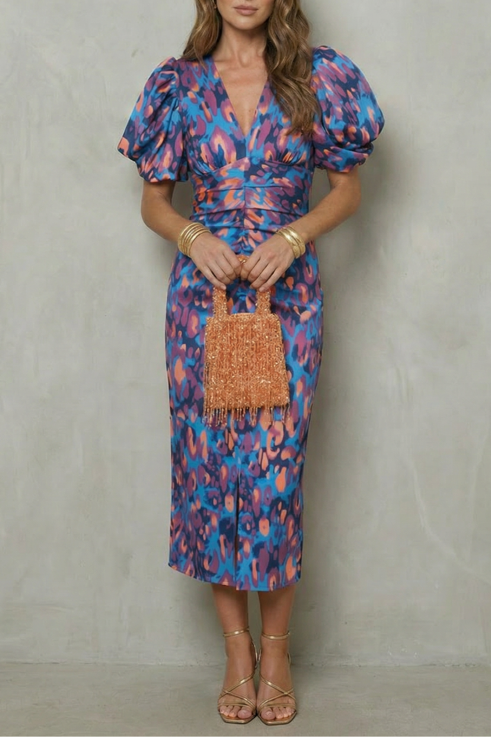V Neck Puff Sleeve Midi Dress