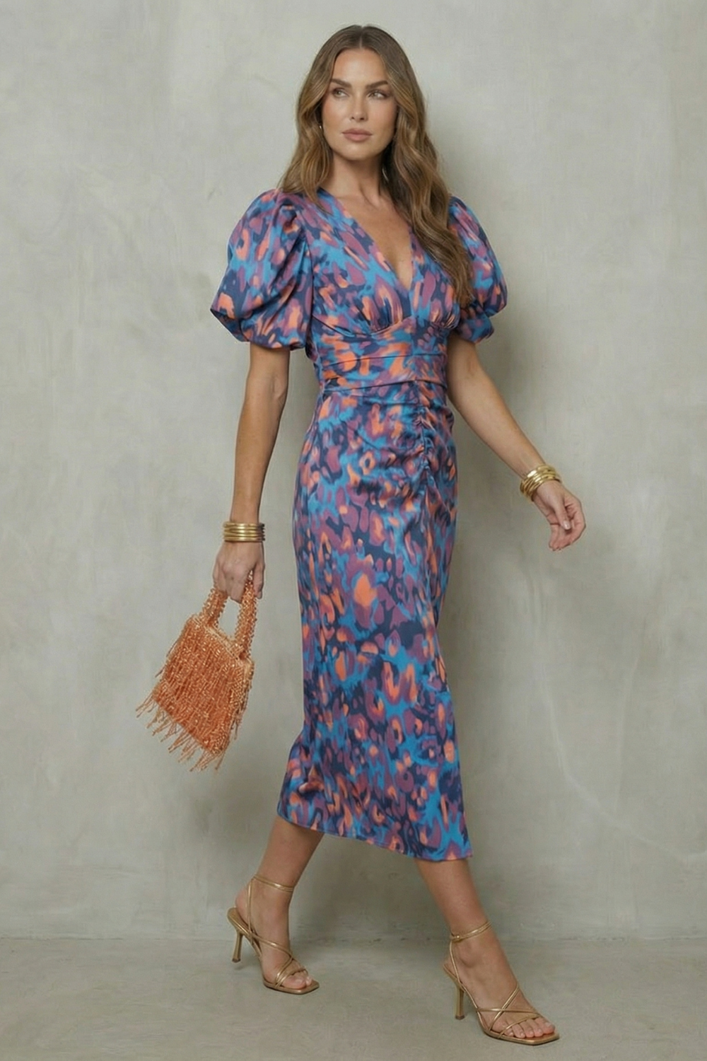 V Neck Puff Sleeve Midi Dress