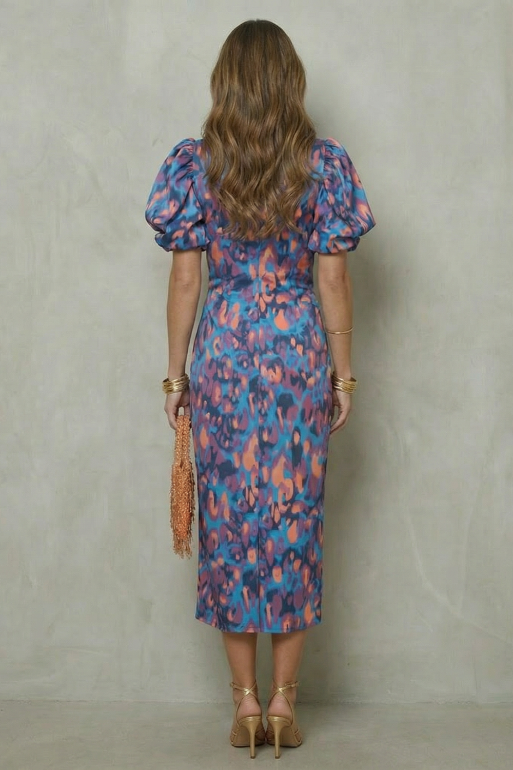 V Neck Puff Sleeve Midi Dress
