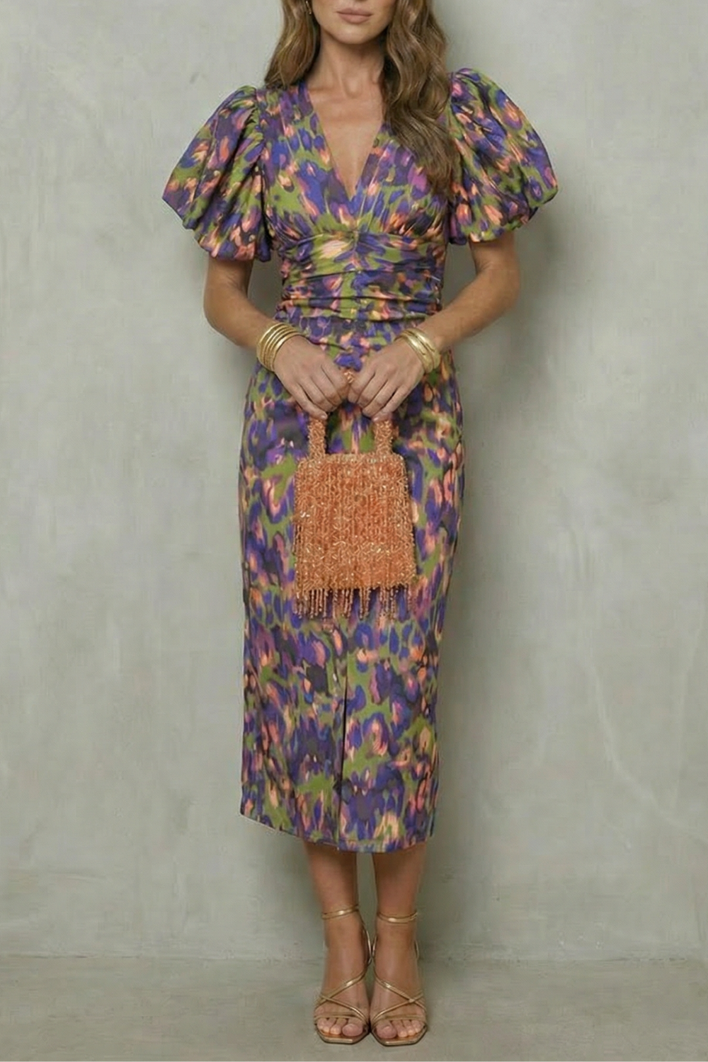 V Neck Puff Sleeve Midi Dress