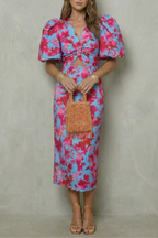 V Neck Puff Sleeve Midi Dress