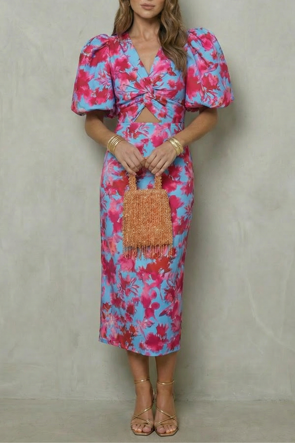 V Neck Puff Sleeve Midi Dress