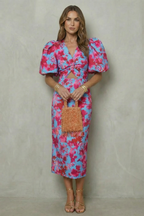 V Neck Puff Sleeve Midi Dress