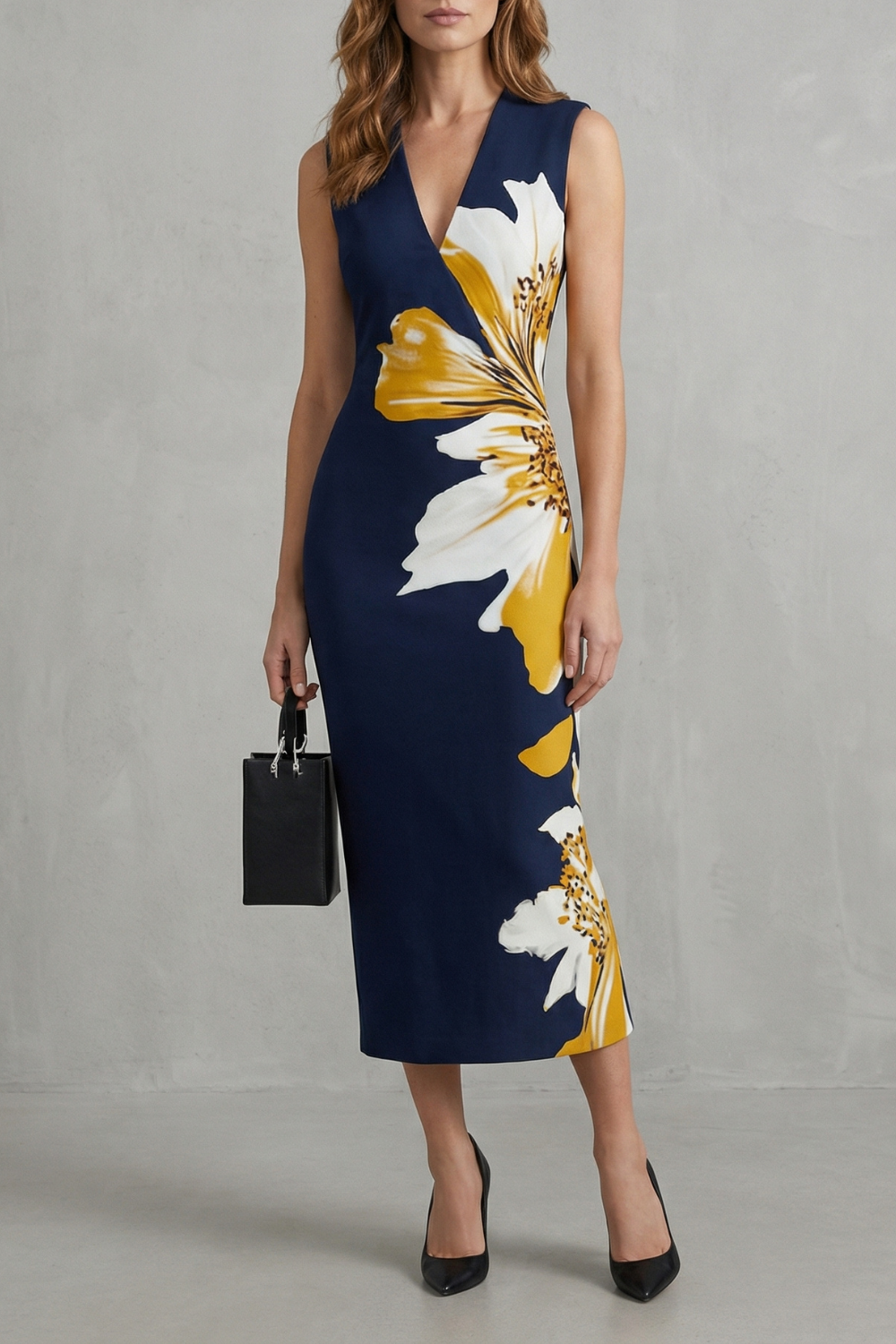 Floral V Neck Midi Dress
