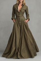 A-Line Pockets Collared Maxi Dress