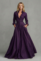 A-Line Pockets Collared Maxi Dress