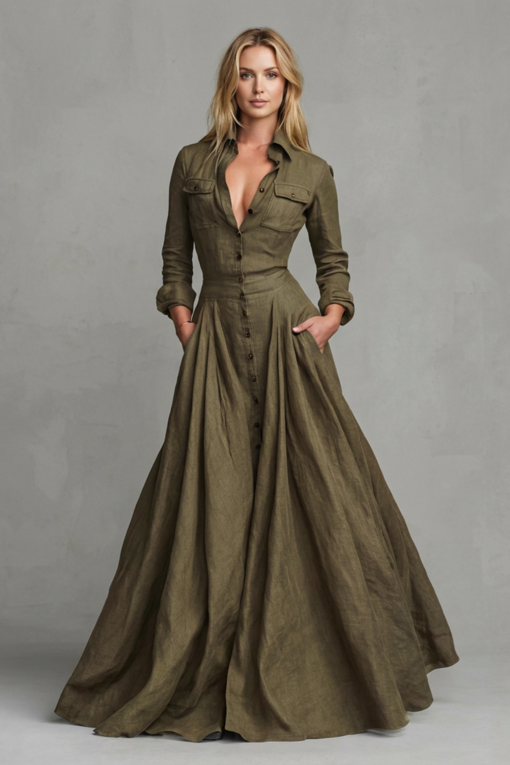 A-Line Pockets Collared Maxi Dress