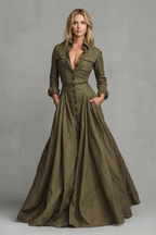 A-Line Pockets Collared Maxi Dress