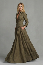 A-Line Pockets Collared Maxi Dress