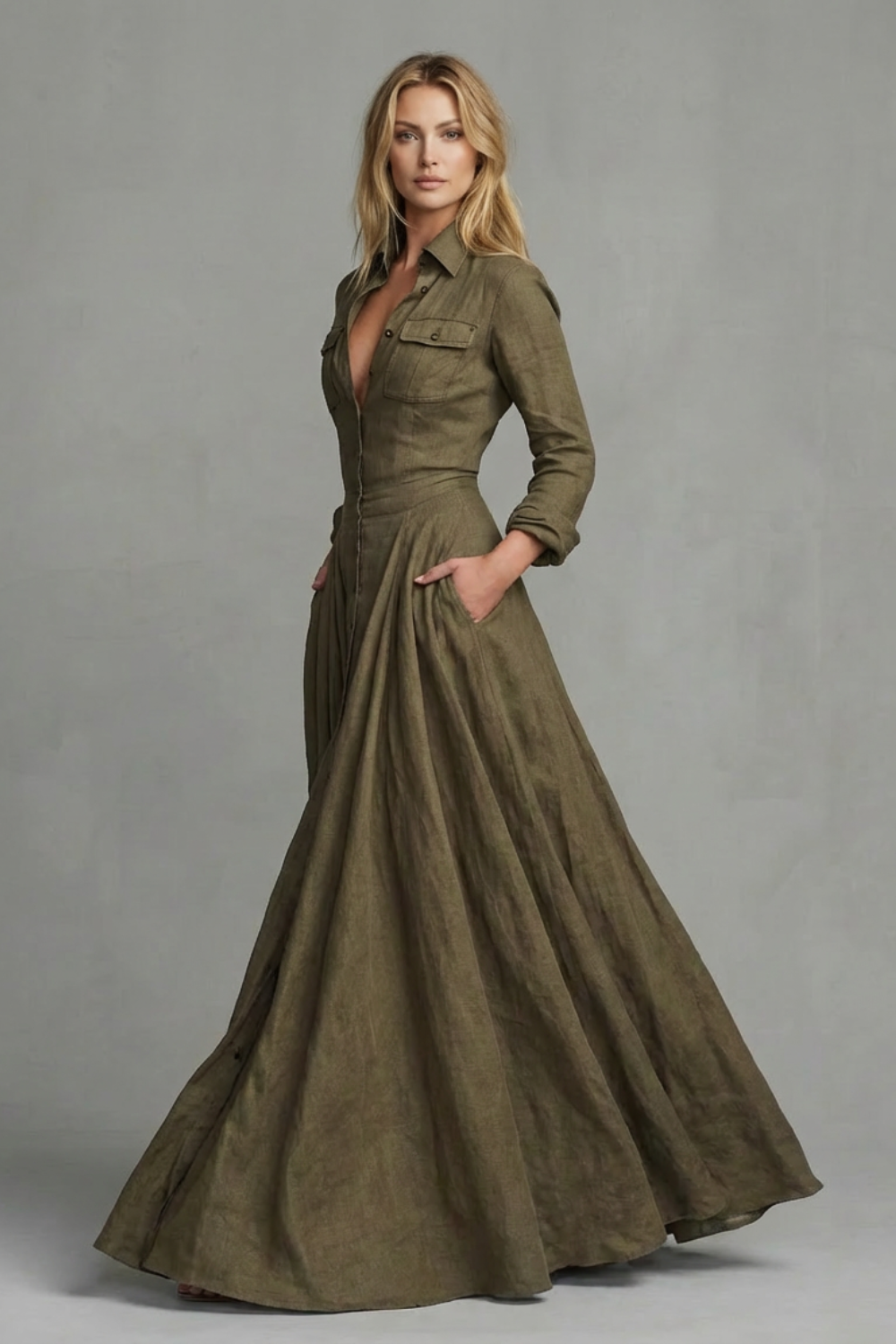 A-Line Pockets Collared Maxi Dress