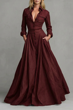 A-Line Pockets Collared Maxi Dress