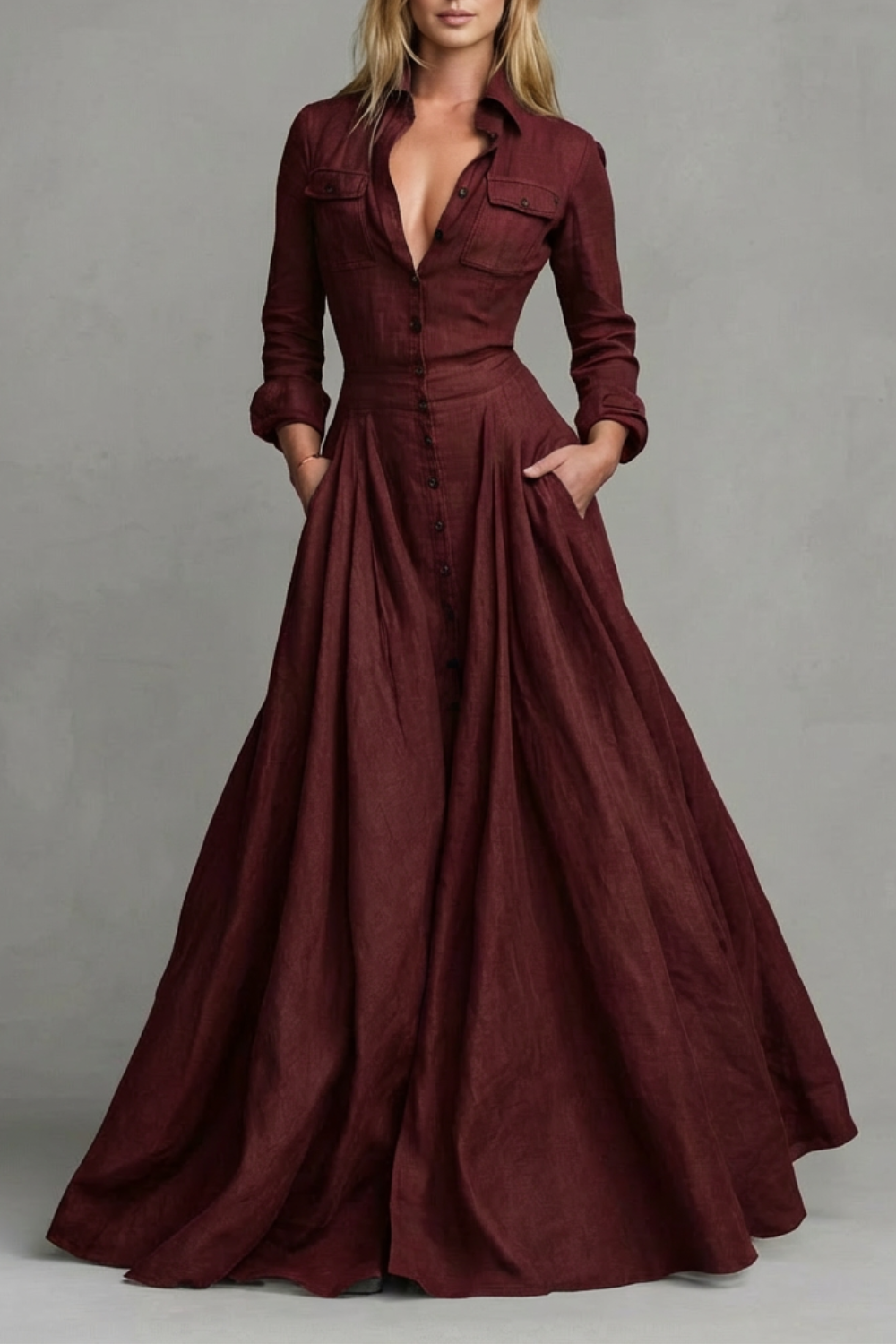 A-Line Pockets Collared Maxi Dress