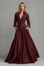 A-Line Pockets Collared Maxi Dress