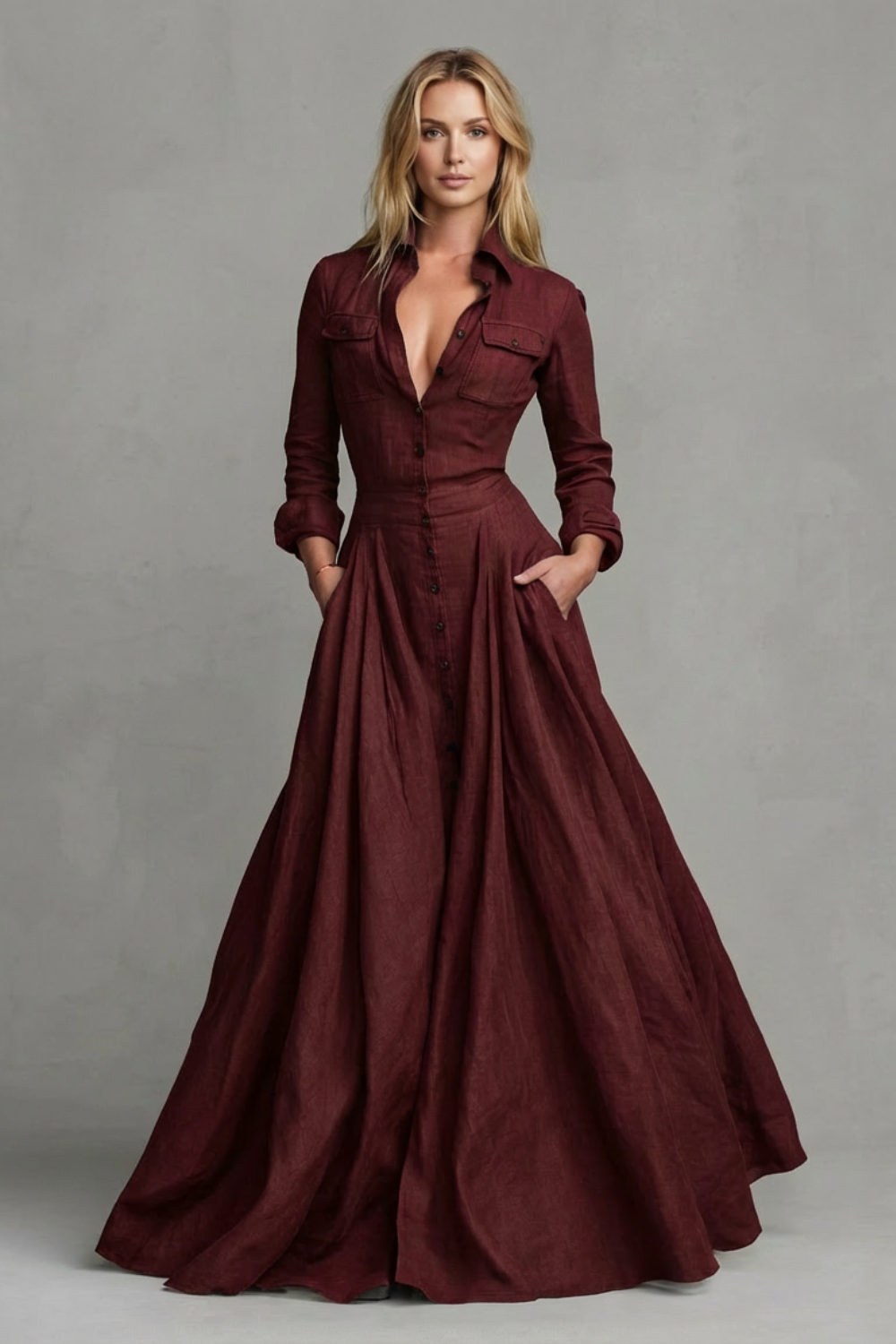 A-Line Pockets Collared Maxi Dress