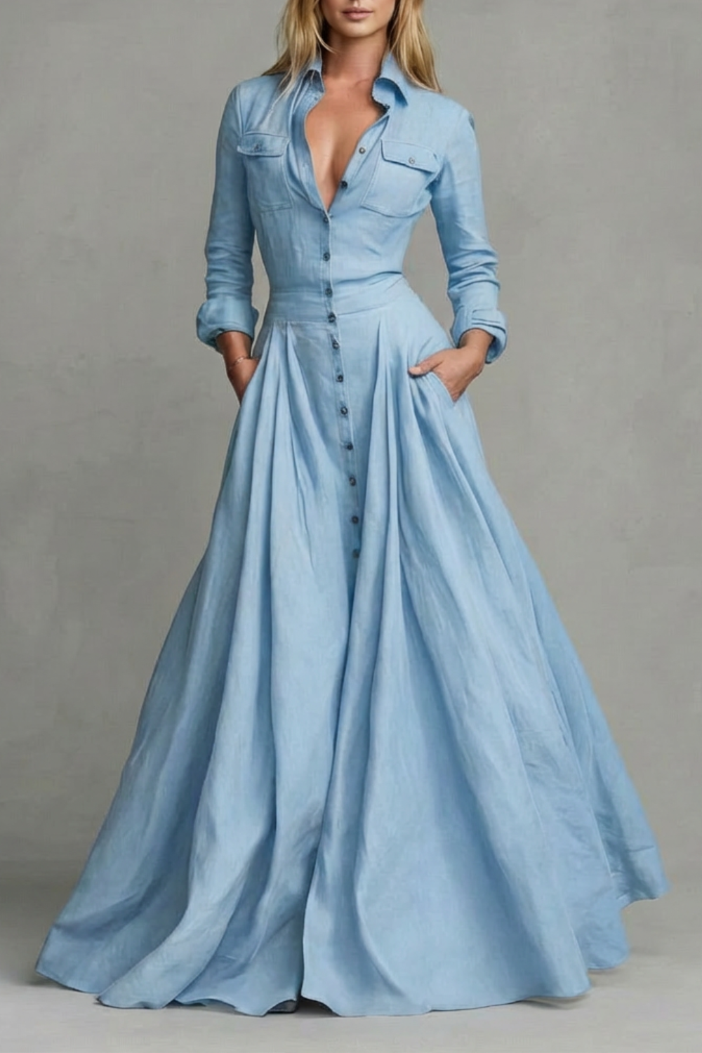A-Line Pockets Collared Maxi Dress