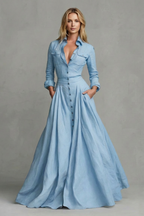 A-Line Pockets Collared Maxi Dress