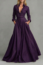 A-Line Pockets Collared Maxi Dress