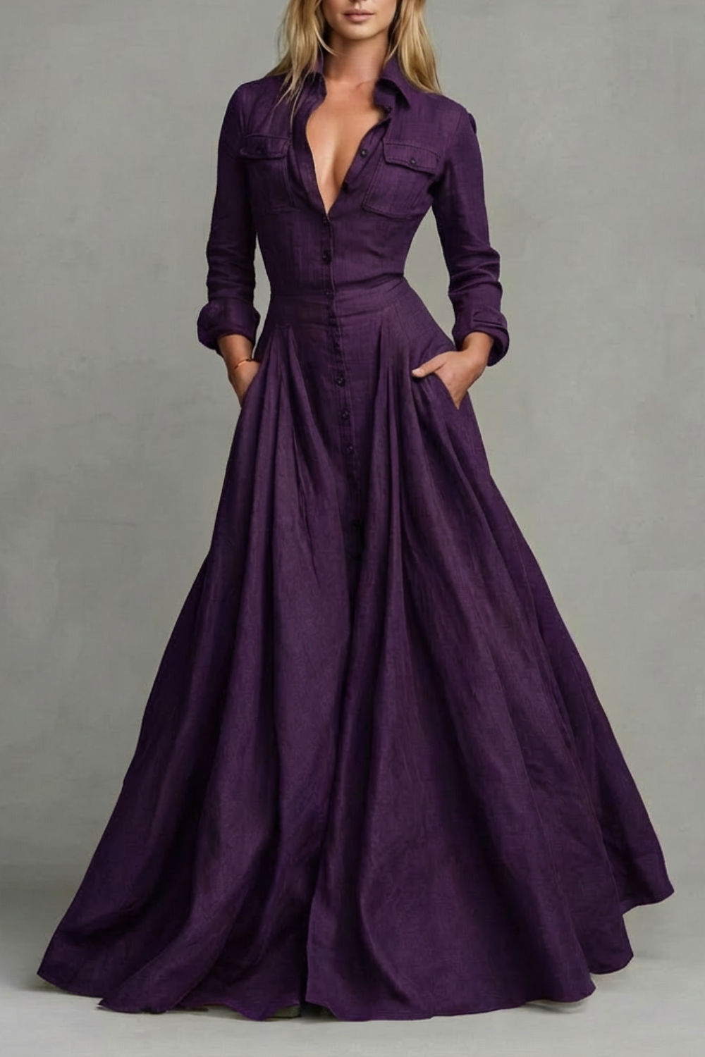A-Line Pockets Collared Maxi Dress
