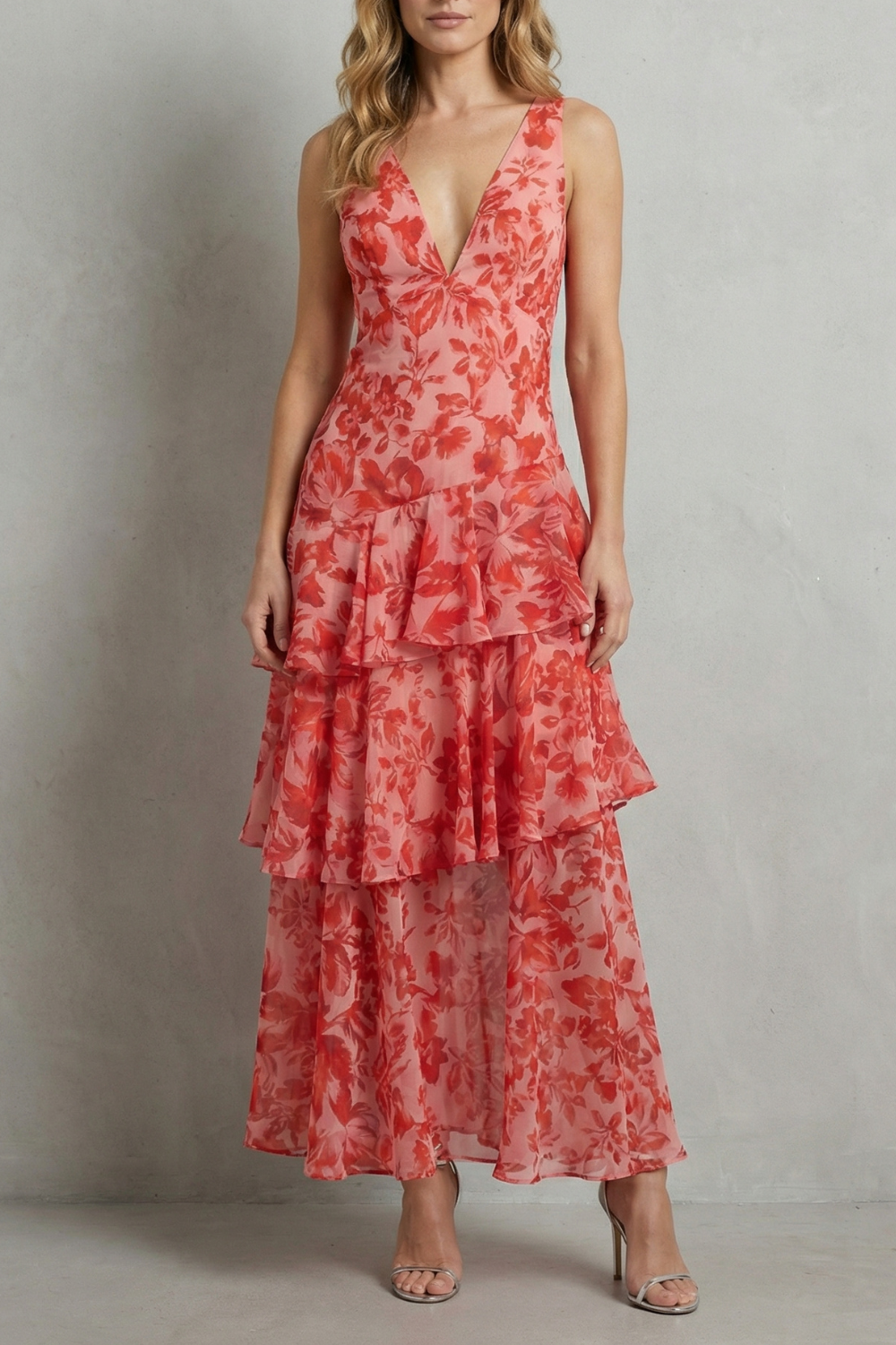 V Neck Ruffle Tiered Chiffon Maxi Dress