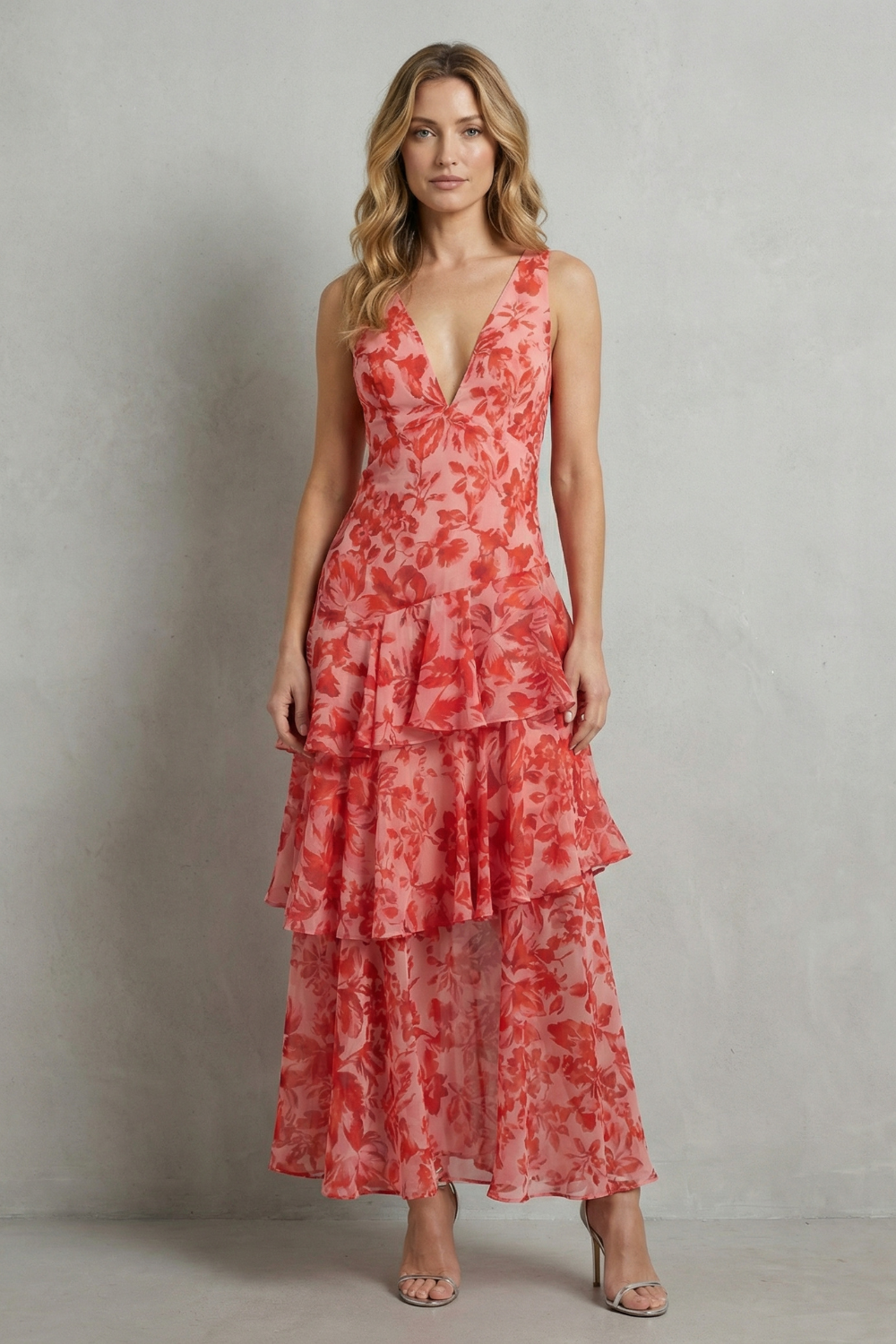 V Neck Ruffle Tiered Chiffon Maxi Dress