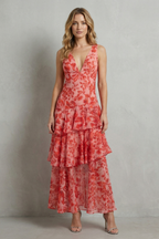 V Neck Ruffle Tiered Chiffon Maxi Dress