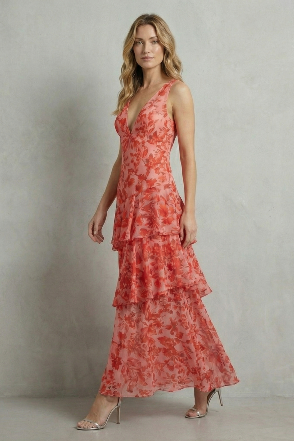 V Neck Ruffle Tiered Chiffon Maxi Dress