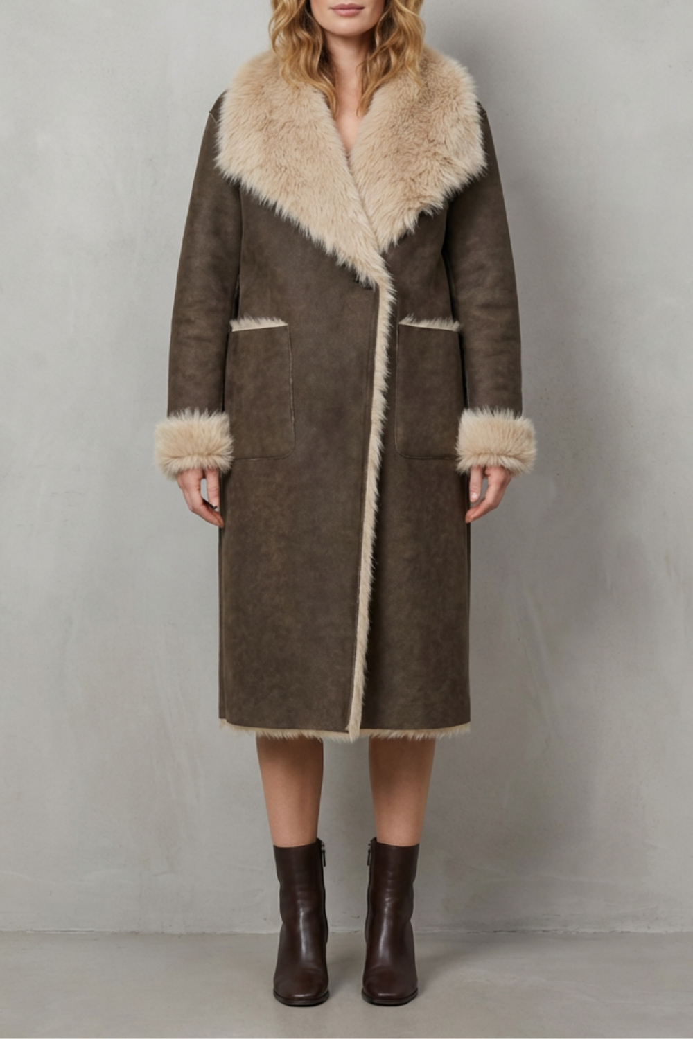 Oversized Suede Faux Shearling Coat