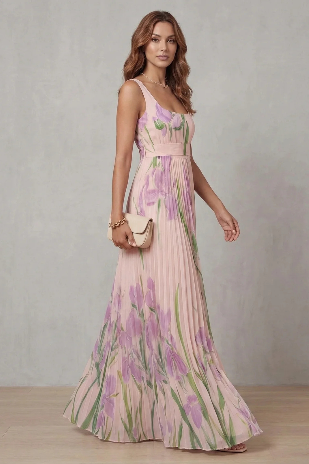 Floral Square Neck Pleated Maxi Dress