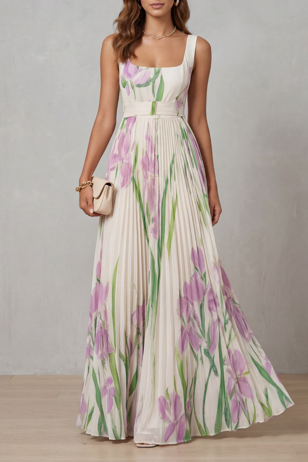 Floral Square Neck Pleated Maxi Dress