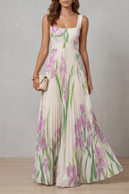 Floral Square Neck Pleated Maxi Dress