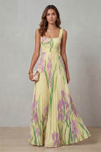 Floral Square Neck Pleated Maxi Dress