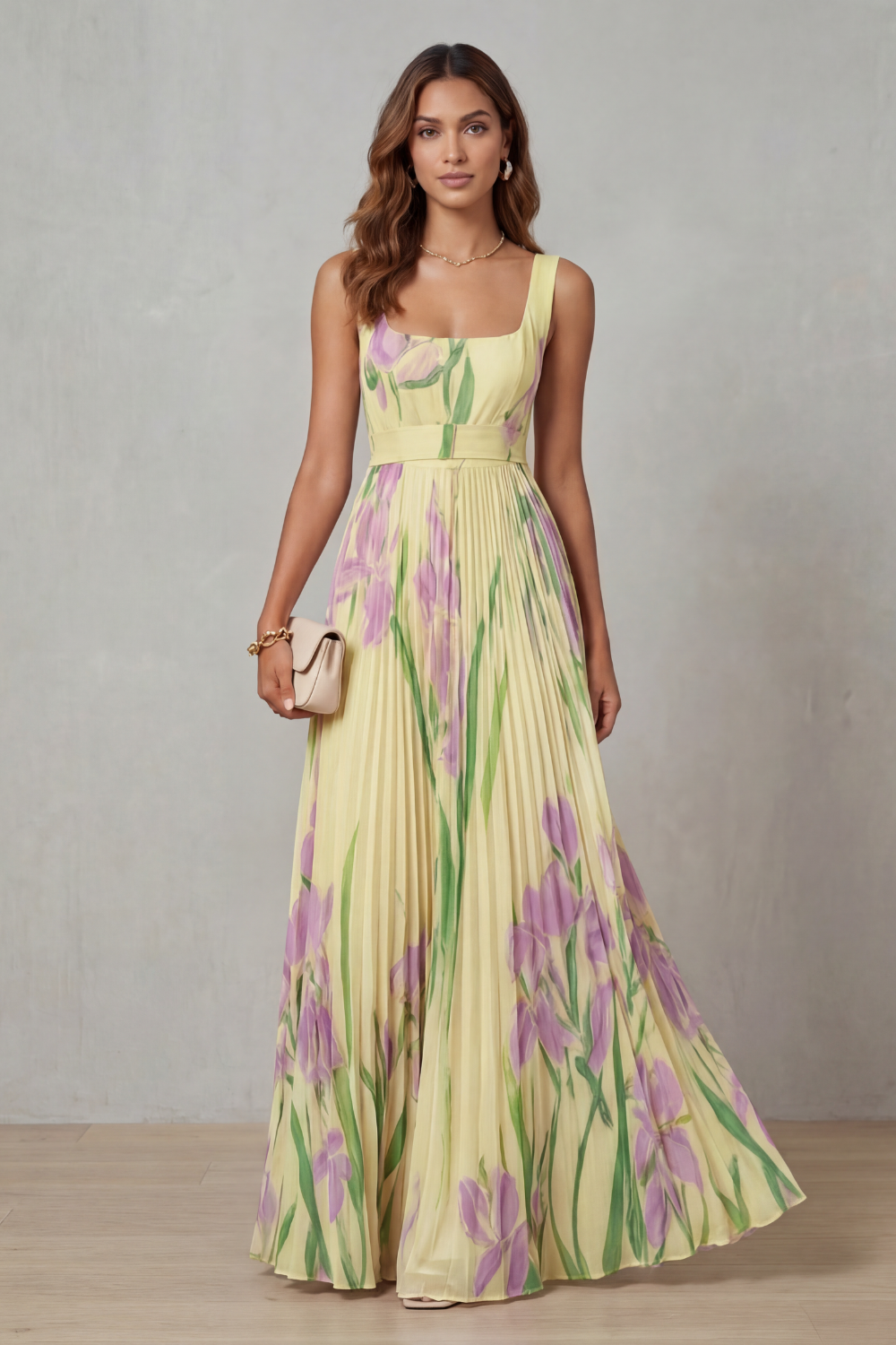 Floral Square Neck Pleated Maxi Dress