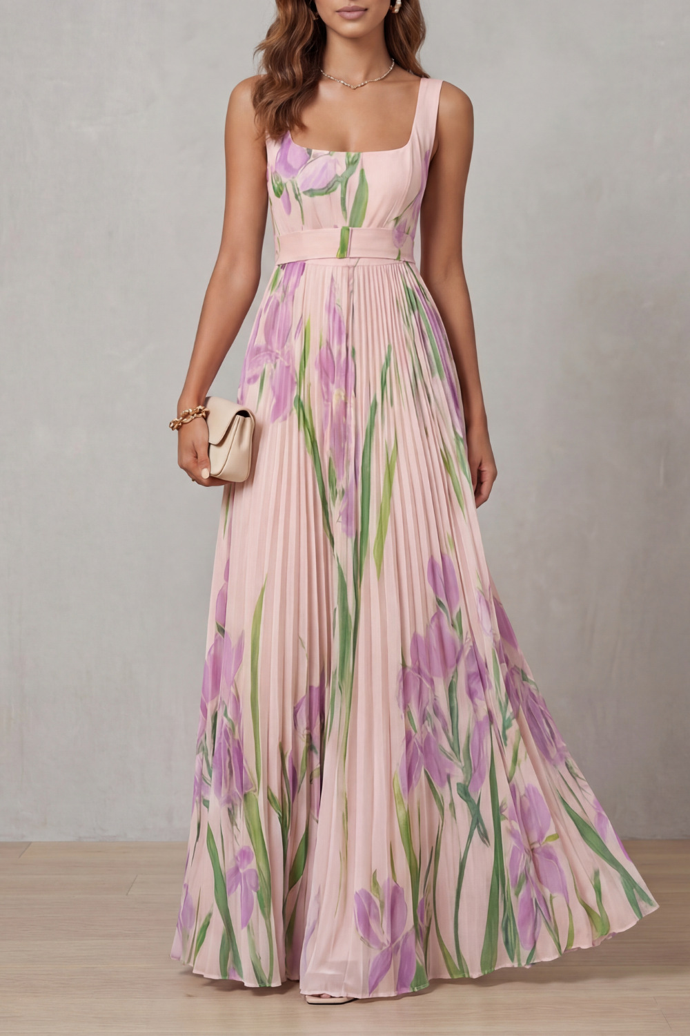 Floral Square Neck Pleated Maxi Dress