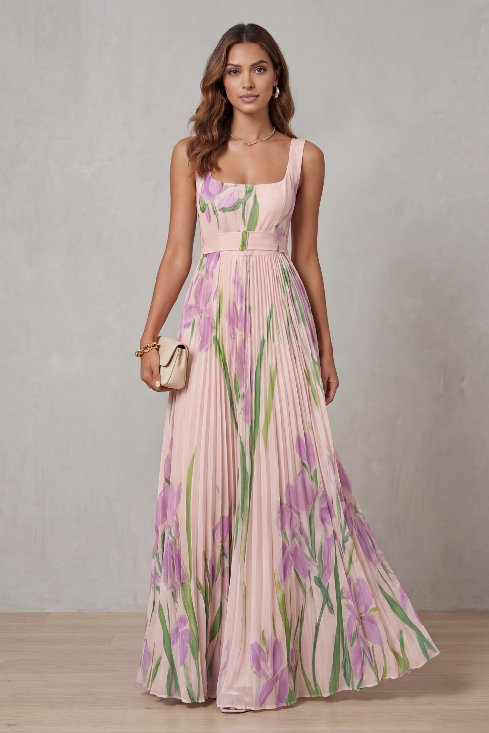 Floral Square Neck Pleated Maxi Dress