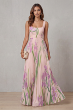 Floral Square Neck Pleated Maxi Dress