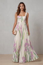 Floral Square Neck Pleated Maxi Dress