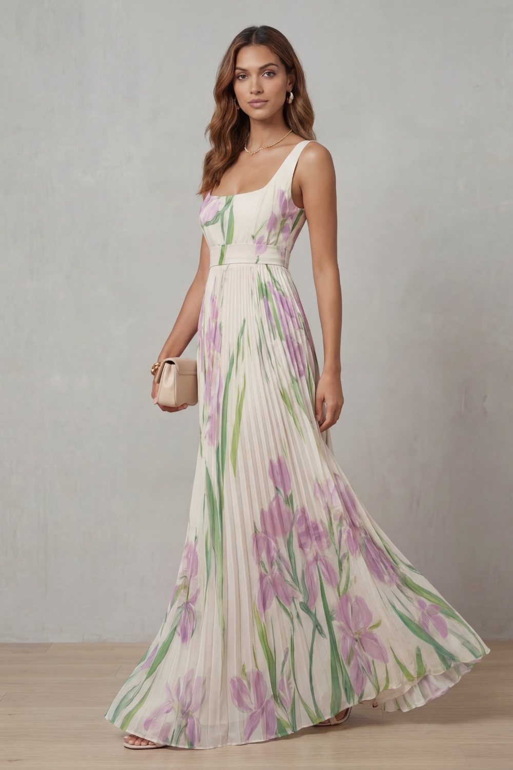 Floral Square Neck Pleated Maxi Dress