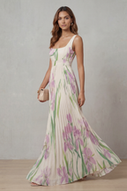 Floral Square Neck Pleated Maxi Dress