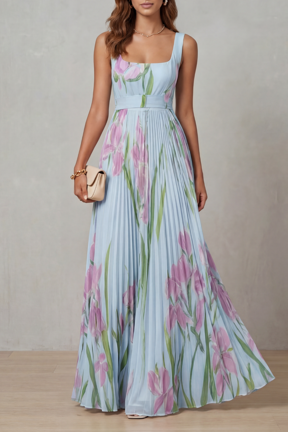 Floral Square Neck Pleated Maxi Dress