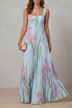 Floral Square Neck Pleated Maxi Dress
