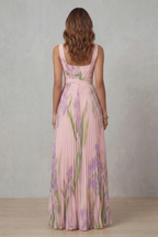 Floral Square Neck Pleated Maxi Dress