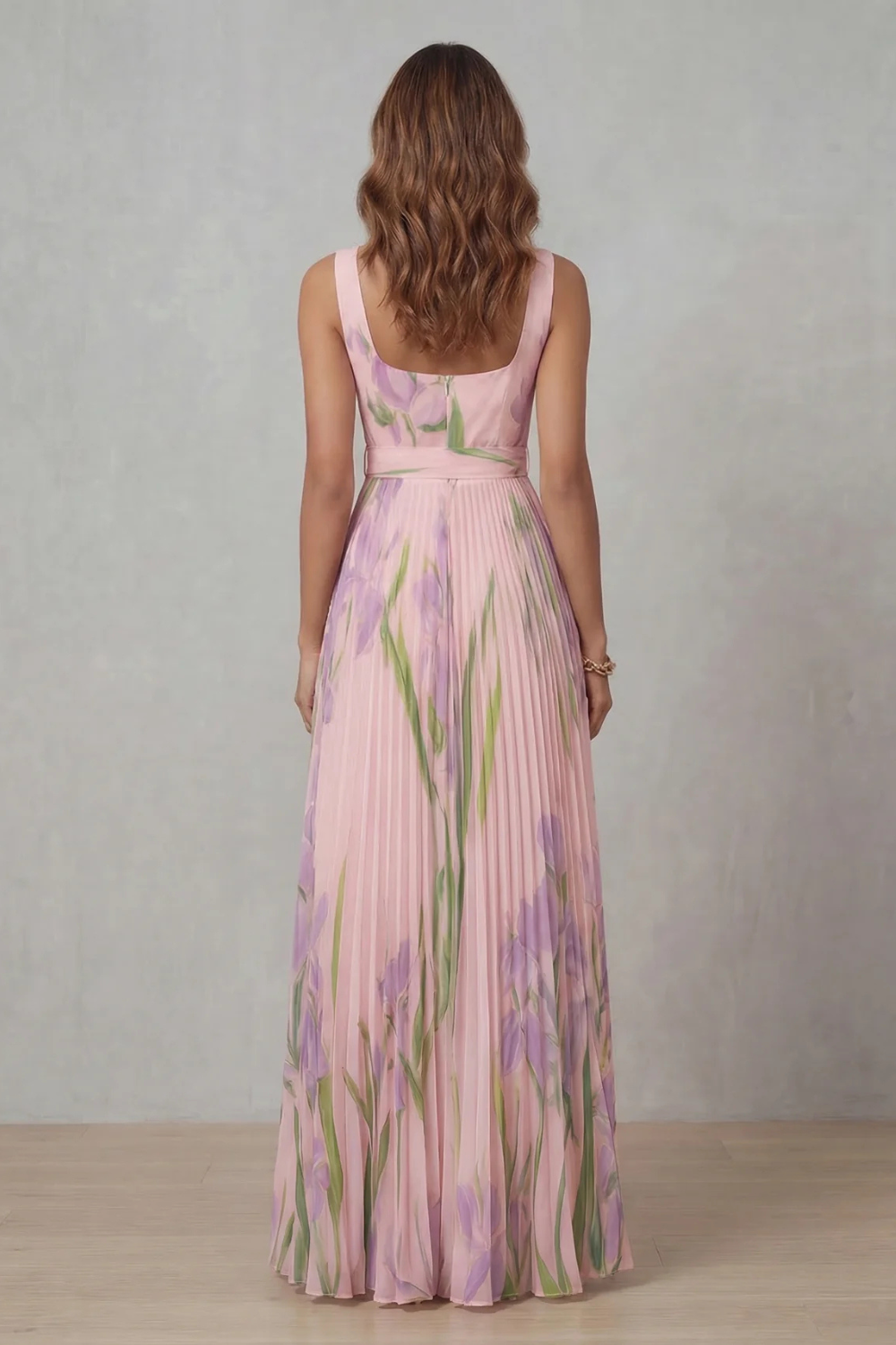 Floral Square Neck Pleated Maxi Dress