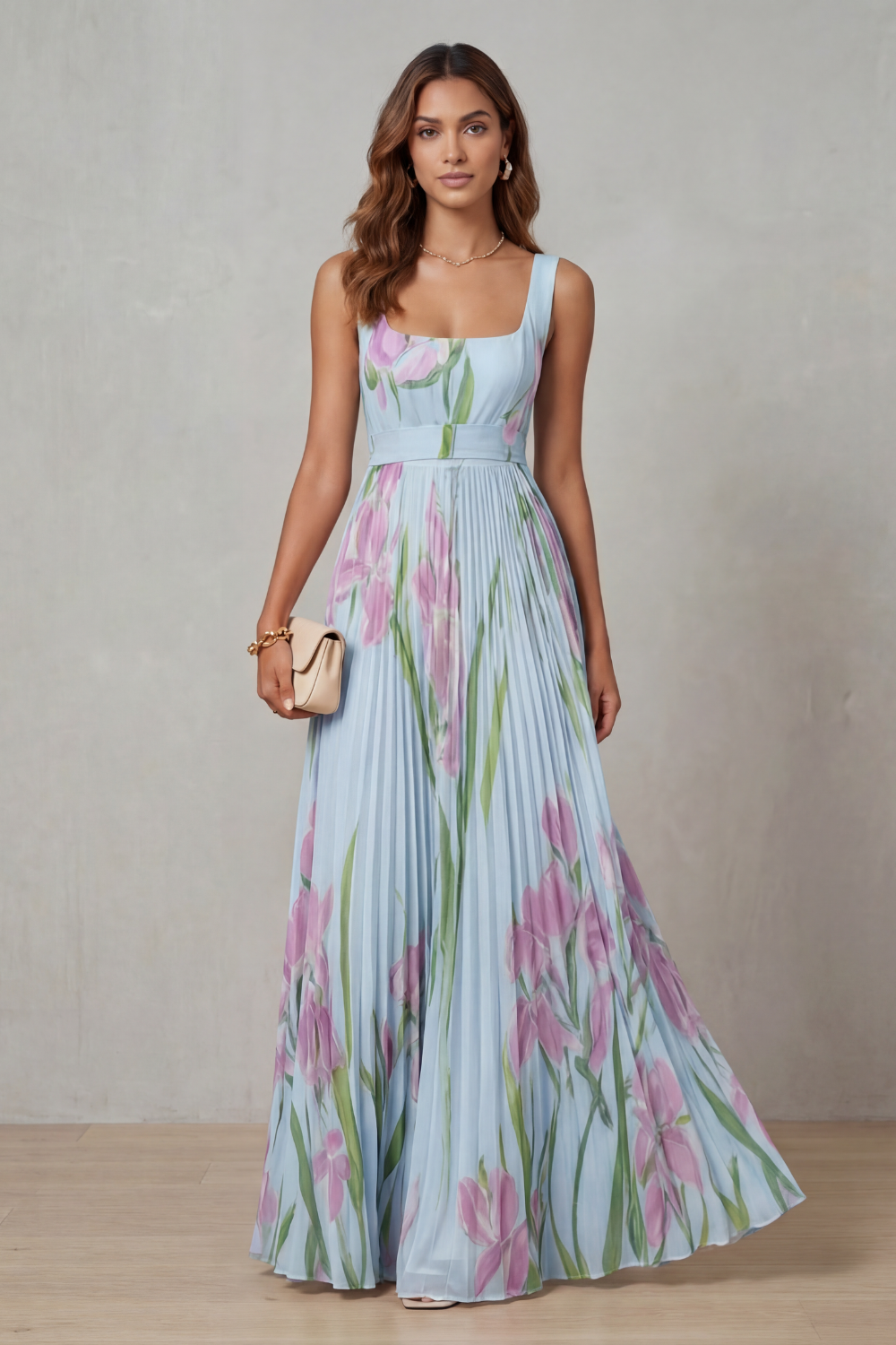 Floral Square Neck Pleated Maxi Dress
