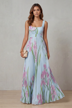 Floral Square Neck Pleated Maxi Dress