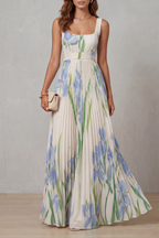Floral Square Neck Pleated Maxi Dress