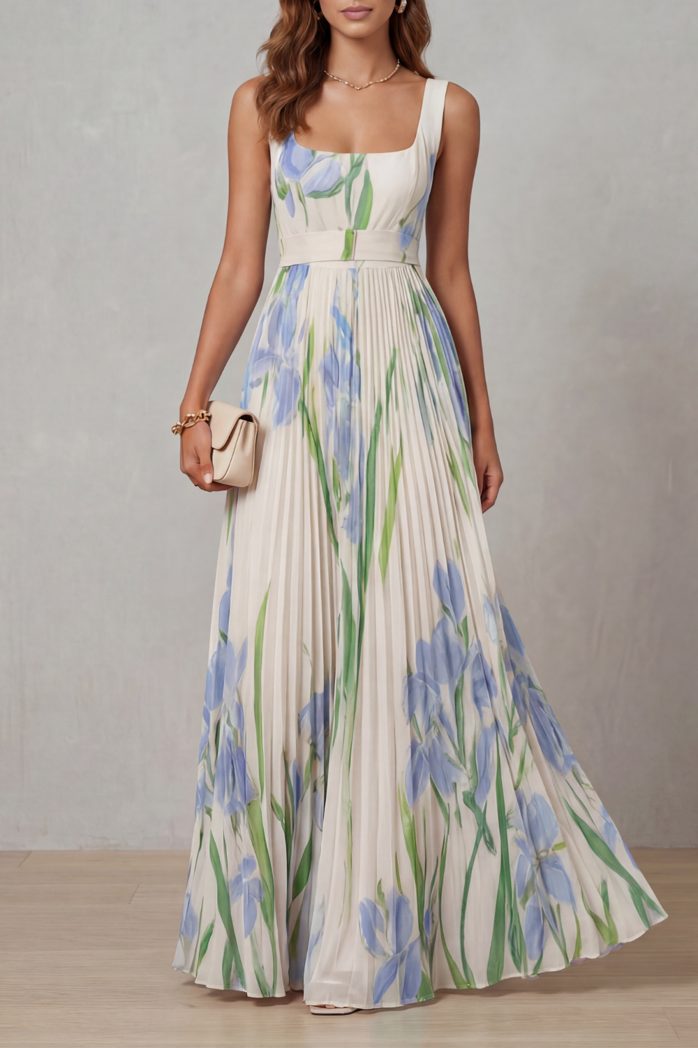Floral Square Neck Pleated Maxi Dress