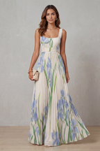 Floral Square Neck Pleated Maxi Dress