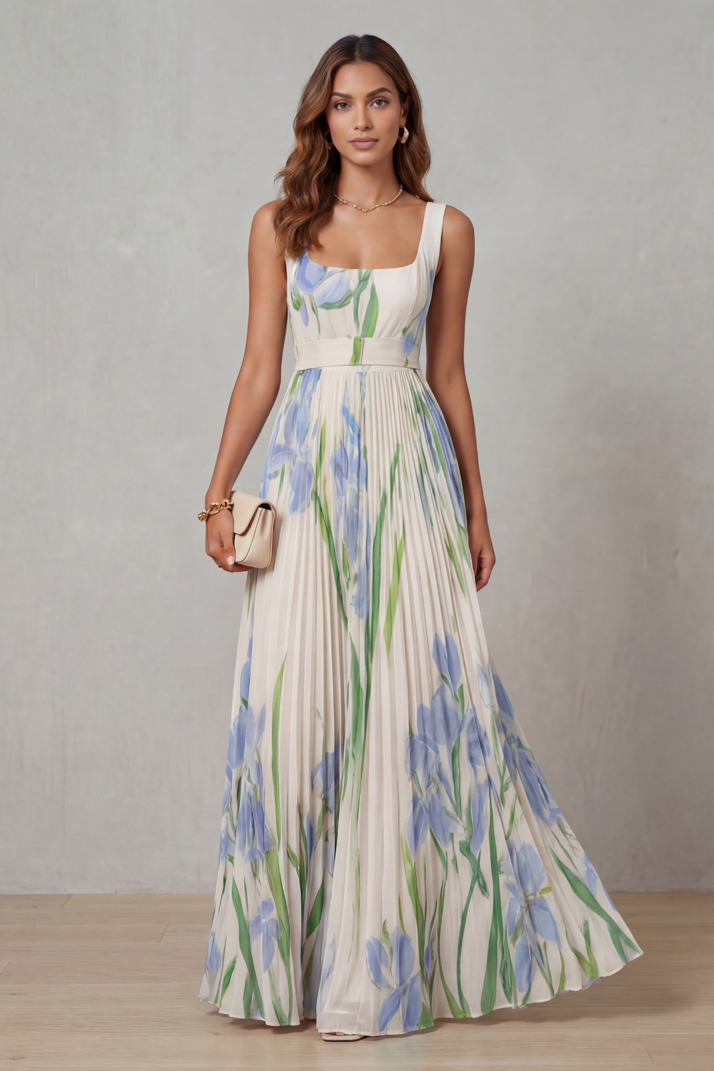 Floral Square Neck Pleated Maxi Dress