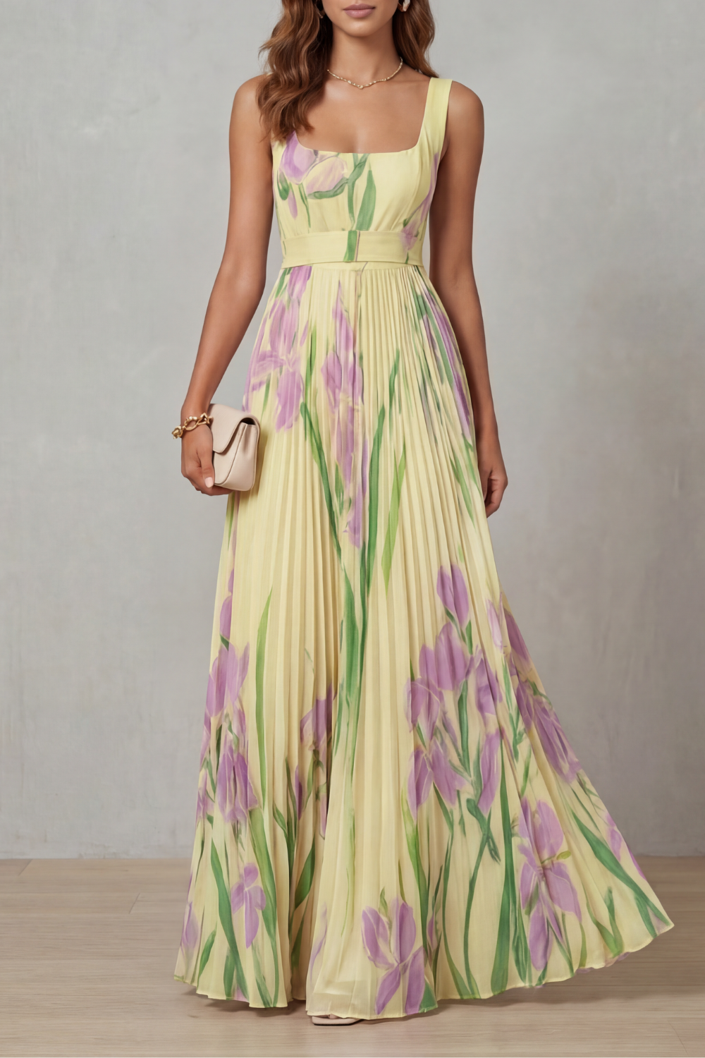 Floral Square Neck Pleated Maxi Dress