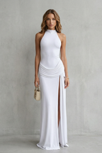 High Neck Floor Length Women’s High-Neck Sleeveless High-Slit Maxi Dress